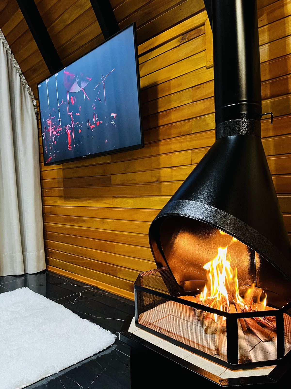 Lareira a lenha com fogo aceso, TV e tapete em ambiente aconchegante